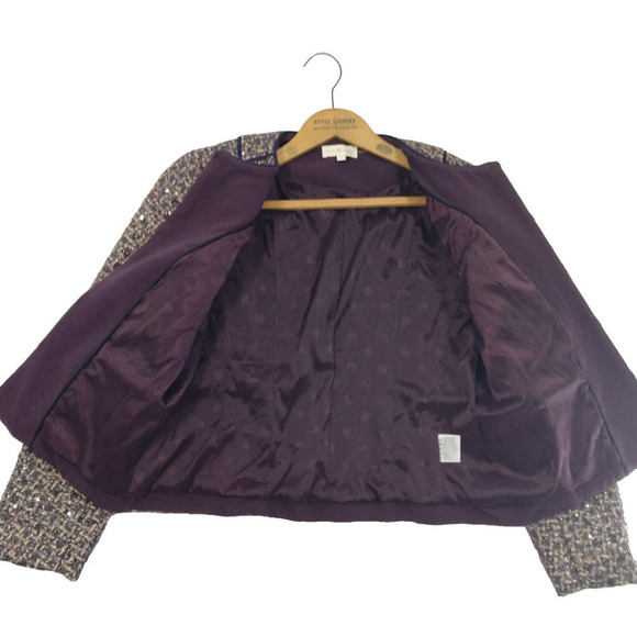 Tory Burch Kennedy Metallic Tweed Jacket Size 12 Purple Plum Sequin Shimmer - Picture 8 of 11